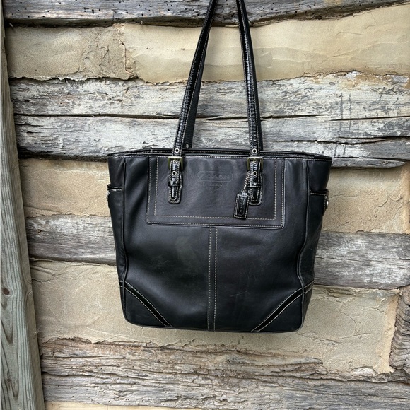 Coach Black Leather Tote Bag with Buckled Straps and Side Pocket Turn Locks - Picture 1 of 9